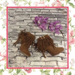 🌸BROWN FRINGE LOW BOOT BLACK FEATHER COVER BOHO BOHEMIAN HEEL FASHION STYLE